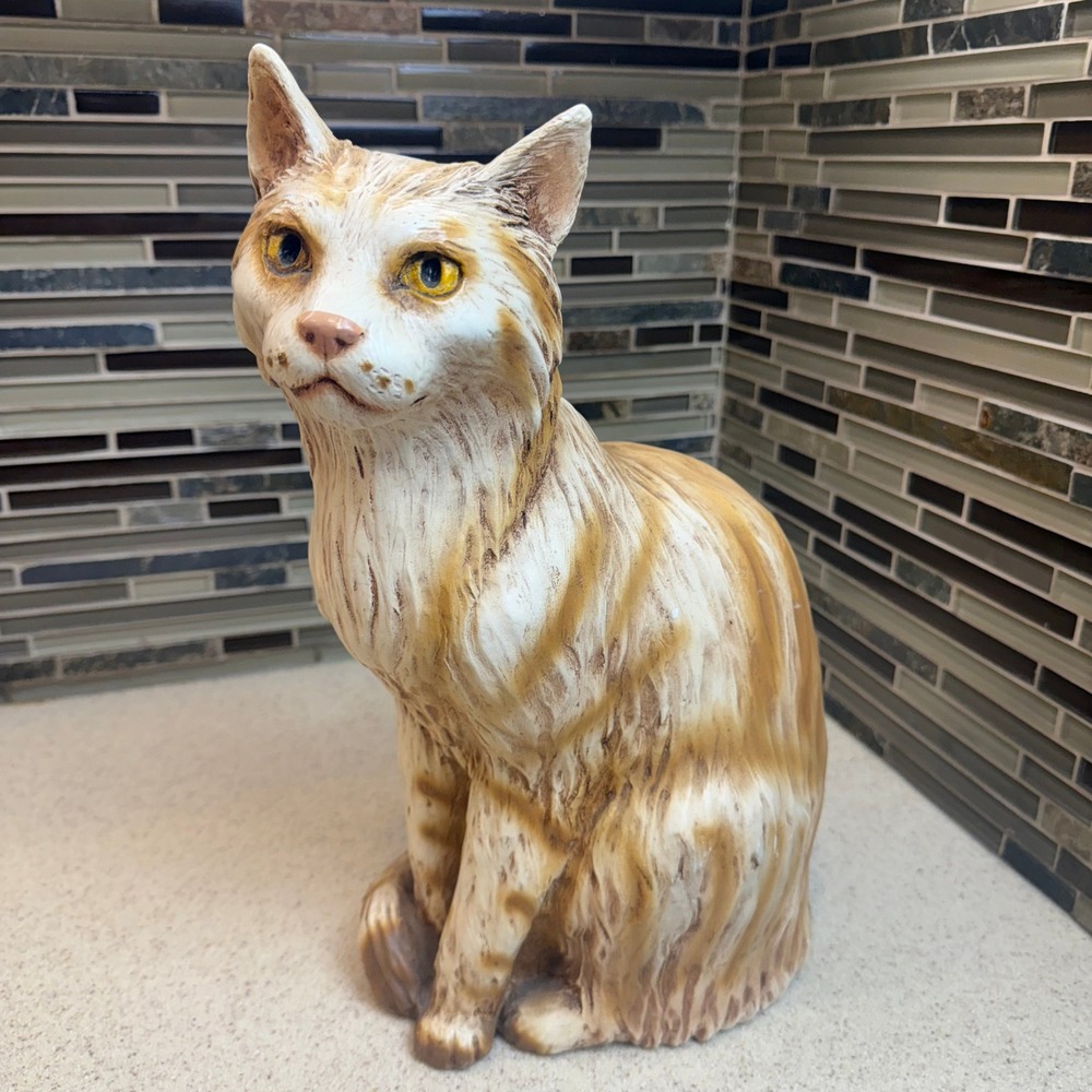 Vintage 1980 Universal Statuary Hand Carved Ginger Tabby Cat Statue 15" #758